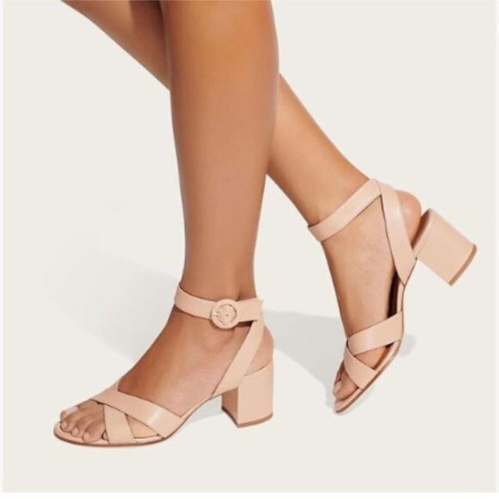 miss left Pink Open Toe Mid Heeled Sandals Crossed Strap Buckles Block Heel Shoe